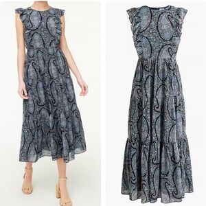 J. Crew Blue and Gray Ruffled Tiered Midi Dress